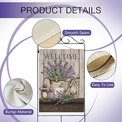 Hzppyz Welcome Spring Summer House Flag Lavender Flower Bucket, Floral Decorative Garden Yard Lawn Outdoor Large Burlap Flag Lantern Decor, Vintage Farmhouse Seasonal Outside Decorations Double Sided 28 x 40