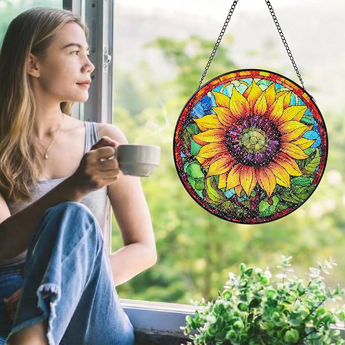 Stained Glass Window Hanging Sunflower Sun Catcher Indoor, Stained Glass Suncathers, Sunflower Gifts for Women,Mom, Grandma and Wife Inspirational Sympathy Gifts 7.8’’ Yellow