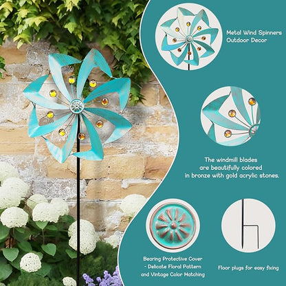 360° Outdoor Wind Spinner, Wind Sculpture Spinner with Metal Stake, Yard Art Decor for Patio, Lawn & Garden (Green Copper)