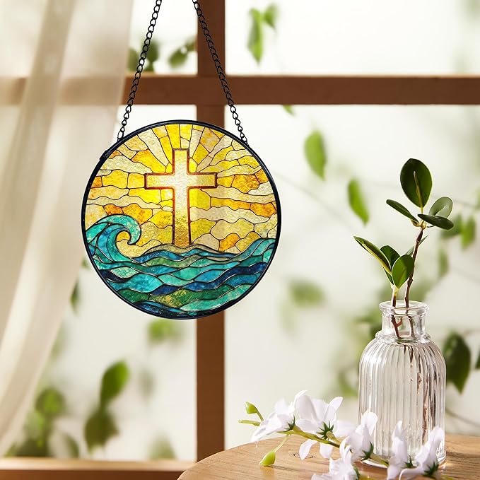 Easter Coastal Christian Cross Suncatchers Stained Glass Window Hanging, Ocean Beach Cross Sun Catchers Indoor Window Glass Round Wall Decor, Christian Wall Hanging Decorations, 7.9x7.9in