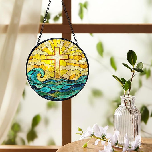 Easter Coastal Christian Cross Suncatchers Stained Glass Window Hanging, Ocean Beach Cross Sun Catchers Indoor Window Glass Round Wall Decor, Christian Wall Hanging Decorations, 7.9x7.9in