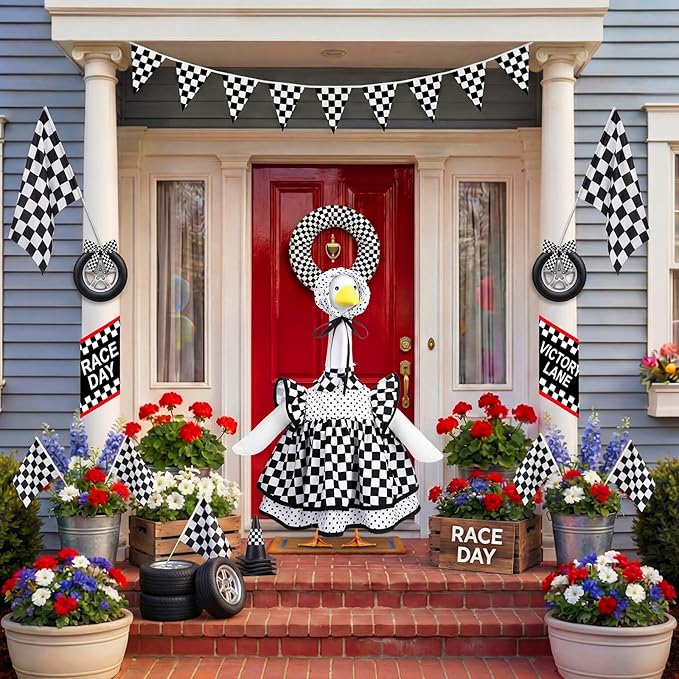 Abbylike 1 Set Racing Car Porch Goose Outfit Racing Yard Goose Costume Clothes Fits Large 23'' H Cement for Game Day Outdoor Patio Garden Lawn Pathway Spring Statue Art Decorations