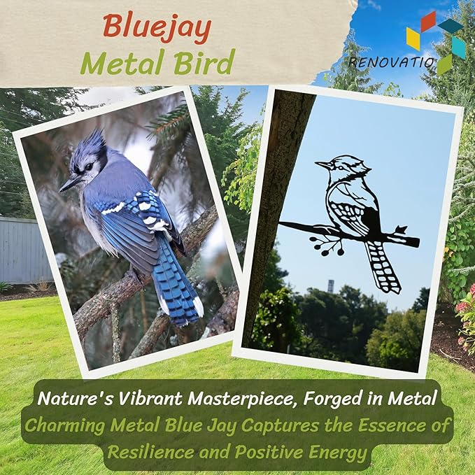 Renovatio Metal Bird Decor, Gifts for Mom, Rustic Bluejay Decoration, Metal Garden Sculpture, Outdoor Tree Ornaments – A Unique Outdoor Yard Decor – Bluejay (Black)