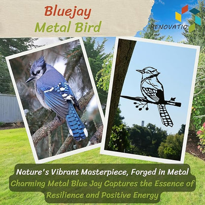 Renovatio Metal Bird Decor, Gifts for Mom, Rustic Bluejay Decoration, Metal Garden Sculpture, Outdoor Tree Ornaments – A Unique Outdoor Yard Decor – Bluejay (Black)
