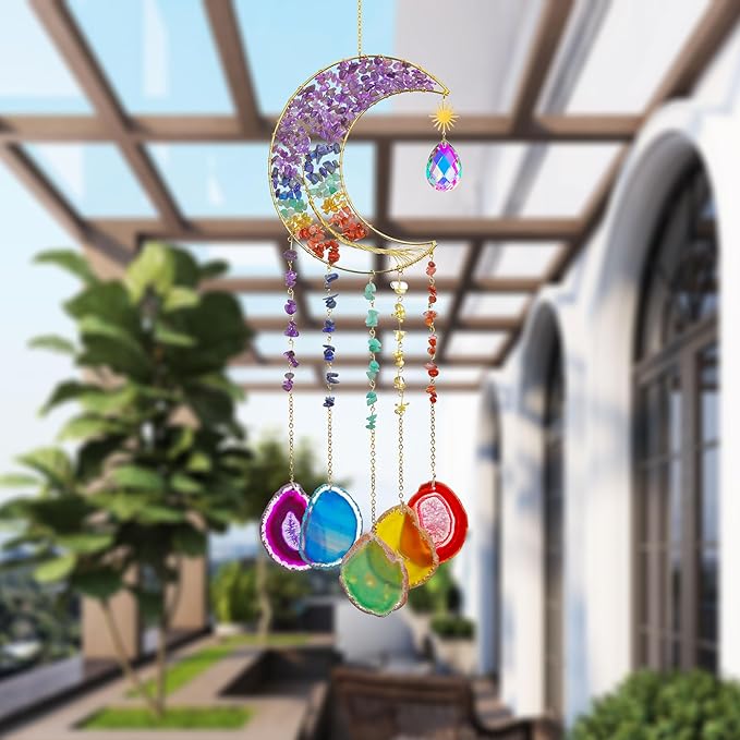 Yoption Moon Tree of Life Agate Slice Wind Chime, Handmade 7 Chakra Healing Crystal Stone Wind Chime for Home Wall Garden Decorative Ornament, Unique Gift