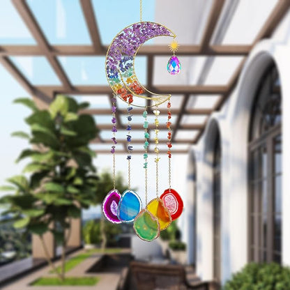 Yoption Moon Tree of Life Agate Slice Wind Chime, Handmade 7 Chakra Healing Crystal Stone Wind Chime for Home Wall Garden Decorative Ornament, Unique Gift