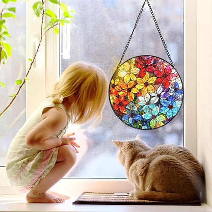 Bimkole Colorful Flower Stained Glass Suncatcher Window Hanging - Design for Indoor Window or Doorway Decoration - 7.87x7.87 inch with Chain and Hook - Unique Home Decor Gift