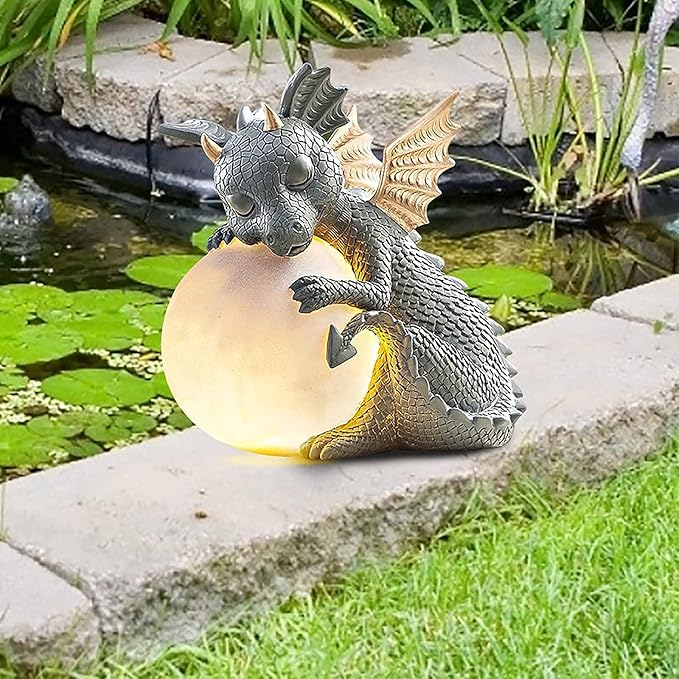 G Ganen Garden Dragon Statue, Resin Dinosaur Outdoor Sculptures - Cute Garden Dragon Figurines with LED Lights for Home Decor, Patio Lawn Yard Decor