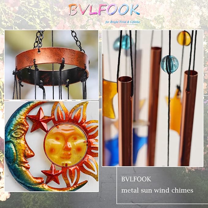 Sun Moon Star Wind Chime for Outside Valentine Decoration, Aluminum Tubes with Star Shape Suncatcher, Wind Chimes Hanging for Porch Patio Balcony Decor, 37 Inch