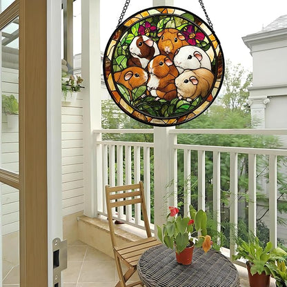 Stained Glass Window Hanging 6 Cute White Brown Guinea Pigs 7.8" - Suncatcher Door Garden Sunroom Sun Catcher Decor Birthday Christmas for Mom Men Woman Nana Friend