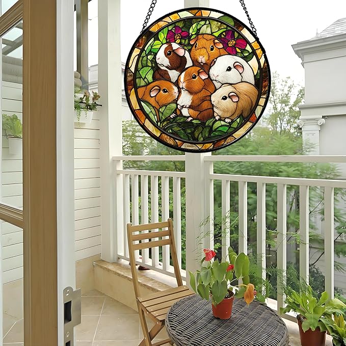 Stained Glass Window Hanging 6 Cute White Brown Guinea Pigs Large 11.8" - Suncatcher Door Garden Sunroom Sun Catcher Decor Birthday Christmas for Mom Men Woman Nana Friend