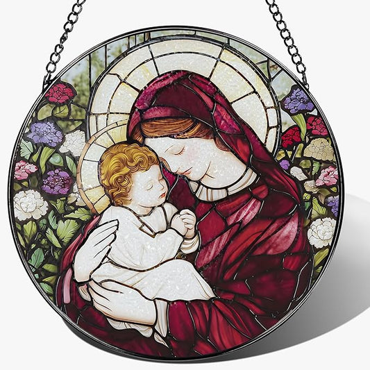 8 Inches Virgin Mary Stained Glass Suncatcher, Stained Glass Window Hanging, Christian Window Decor, Religious Christmas Ornament, Christian Gift, Religious Gift, Gifts for Christmas