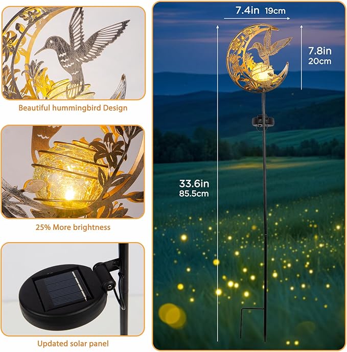 Waterproof Outdoor Solar Light，Hummingbird Solar Light，Moon Hummingbird SolarLight，Solar Butterfly Floor Lamp for Garden, Yard, Patio Decor, Auto On/Off, Unique Gift for Mom, Grandma