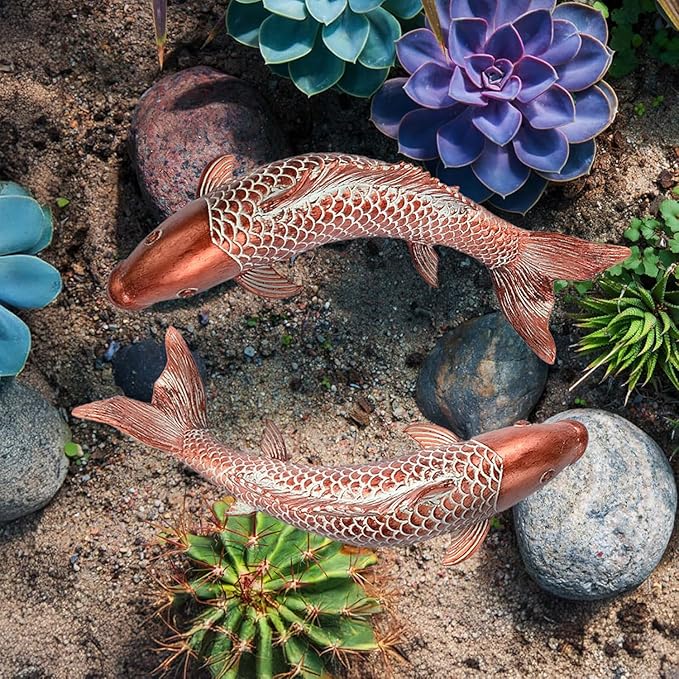 Koi Fish Garden Statues Set of 2, Antique Copper Style Resin Sculptures, Outdoor Garden Statues for Patio Backyard Koi Pond Japanese Garden Decor, Best Gardening Gifts for Women Mom (Copper Red)