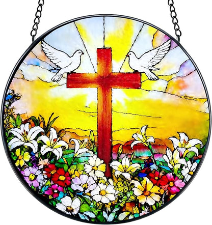 Stained Glass Window Hanging, 7.8 in Cross White Dove Suncatcher, Stained Glass Home Decor, Decorative Ornament Boho Wall Art, Ideal Gift for Mom Grandma Religious Christian Families