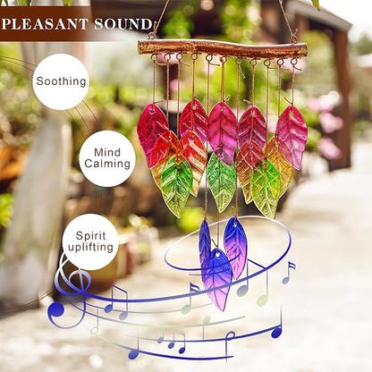 Glass Wind Chimes Suncatcher for Outside,23" Colorful Glass Leaf Wind Chimes Outdoor,Crystal Hanging Wind Chime for Home,Garden,Patio and Yard Decor