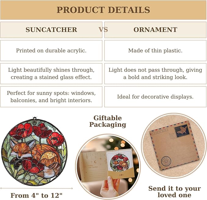 Fox Acrylic Suncatcher, Boho Suncatchers for Window Hanging Ornament, Stained Glass Effect Indoor Outdoor Garden Decor for Nature Lover, Gifts for Mother's Day, Mom, Grandma, Wife, Women
