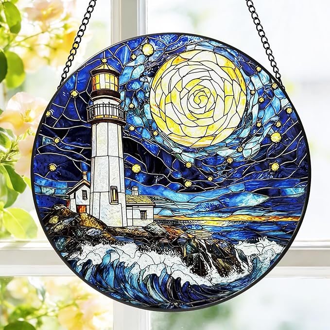 Stained Glass Window Hanging, 8 Inch Ocean Lighthouse Suncatcher, Sun Catchers Indoor Window, Suncatchers for Windows Hanging, Spring Home Garden Decor Panel Mothers Day Birthday Gift for Mom Grandma