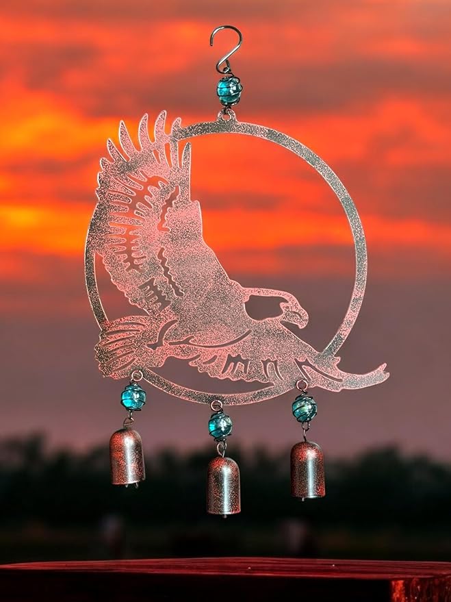 Wind Chime Eagle American Hanging Decor for Outdoor Metal W Glass Rustic Lawn Yard Patriotic 19" x 12"