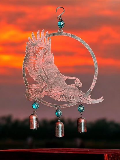 Wind Chime Eagle American Hanging Decor for Outdoor Metal W Glass Rustic Lawn Yard Patriotic 19" x 12"