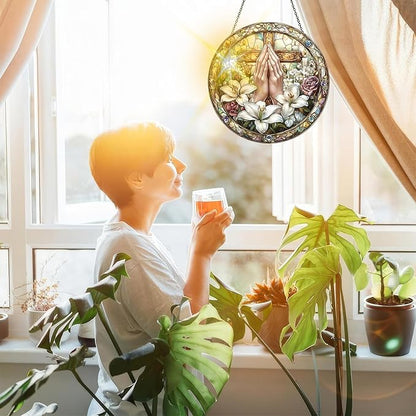 Bimkole Lily Stained Glass Suncatcher Window Hanging - Religion Indoor Window or Doorway Decoration - Handmade Sun Catcher Decor for Garden Home Christmas & Birthday Gifts 7.87x7.87 inch