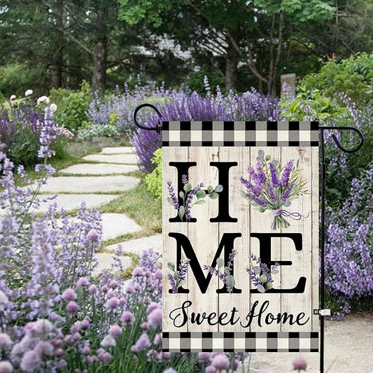 ORTIGIA Spring Summer Garden Flag 12.5 x 18 Inch Double Sided Burlap Home Sweet Home Purple Lavender Floral Flower Small Yard Flag Holiday Outdoor Outside Wedding Anniversary Decoration