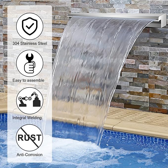 Pool Waterfall Fountains, Stainless Steel Rectangular Pool Waterfall Spillway with Pipe Connector for Indoor/Outdoor Decorative (23.6 Inch)