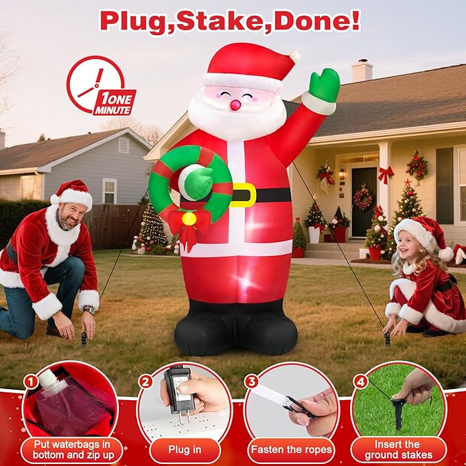 8 FT Huge Christmas Inflatables Santa Claus Holding Garland Outdoor Decorations, Build in LEDs & Tethers Stakes Giant Inflatable Santa Blow Up Yard Décor for Holiday Xmas Indoor Patio Lawn