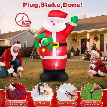 8 FT Huge Christmas Inflatables Santa Claus Holding Garland Outdoor Decorations, Build in LEDs & Tethers Stakes Giant Inflatable Santa Blow Up Yard Décor for Holiday Xmas Indoor Patio Lawn