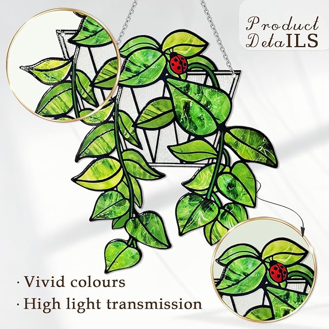 Stained Glass Suncatchers for Windows, 9 in Hanging Sun Catchers Indoor Window, Hanging Plant Decor for Home Indoor Outdoor, Plant Lover Gifts (UV Printed)