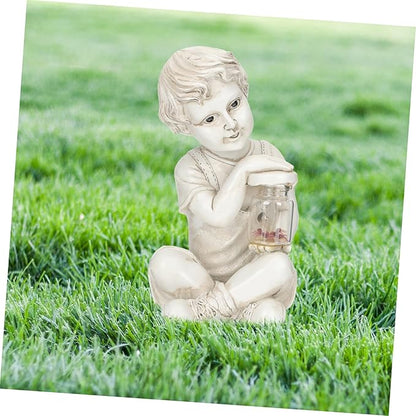 Resin Solar Sculpture with Jar Decor Outdoor Figurine Solar Powered Ornament for Flowerbed Statue for Parties and Lawn Decor