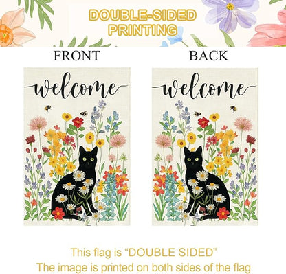 Baccessor Spring Summer Black Cat House Flag Double Sided 28x40 Inch Burlap,Floral Flowers Welcome Large Garden Flag Porch Patio Front Yard Seasonal Farmhouse Outside Outdoor Decor