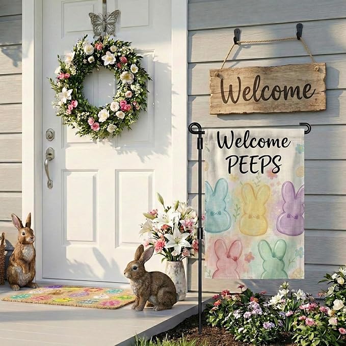 Welcome Peeps Bunny Easter Garden Flag 12 x 18 Inch Double Sided Outside Flag, Painted Rabbits, Welcome Spring Flag Outdoor Yard Easter Holiday Decoration