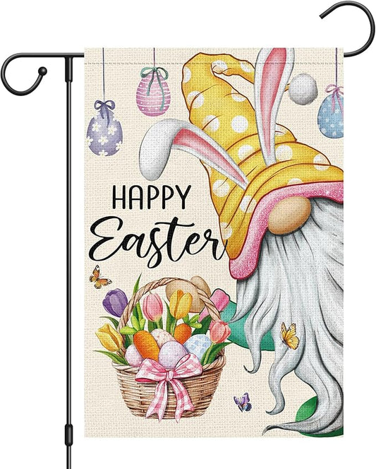 Heyfibro Happy Easter Gnome with Rabbit Ears Garden Flag 12x18 Double Sided Burlap, Funny Bunny Floral Small Yard Flag Easter Egg Banner for Easter Holiday Farmhouse Yard Outdoor Decor(ONLY FLAG)