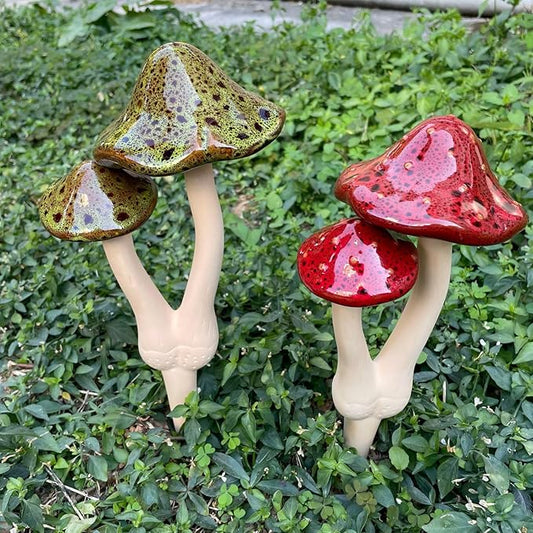 2pcs Ceramic Mushroom Garden Stake, Fairy Garden Figurines Decoration,Yard Outdoor Mushroom Decor, 11.8" in Height