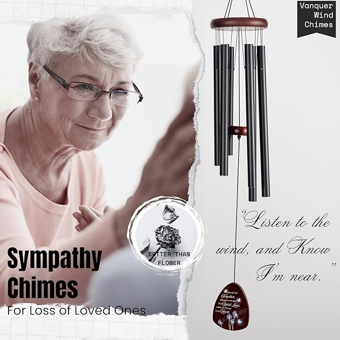 Memorial Wind Chimes for Loss of Loved One, Windchimes in Memory of a Loved One, Sympathy Gift Baskets, Bereavement Condolence Gifts, Memorial Gifts for Loss of Mom, 32" Sympathy Dandelion, Black