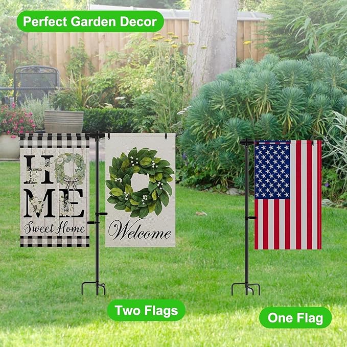 Garden Flag Stand Holder with 4 Prong Base for Double Flags, 3/4 Inch Extra Thick Heavy Duty Yard Flag Holder for Outside 12x18 Home Patio Decor