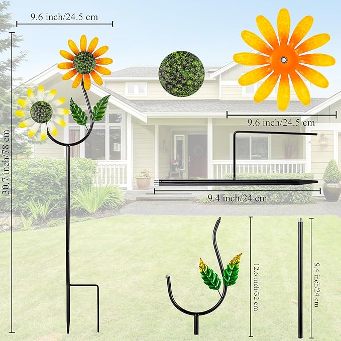 2 Pack Flower Wind Spinners Outdoor, Metal Wind Sculptures & Spinners with Stake, Colorful Windmill for Yard Patio Lawn Garden Decor, 31 x 10 Inches
