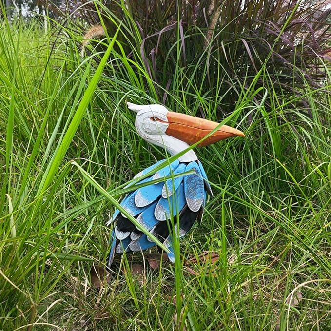 Metal Garden Sculpture, Pelican Outdoor Statue, Hand Painted Wood Chips Coastal Ocean Bird Decoration