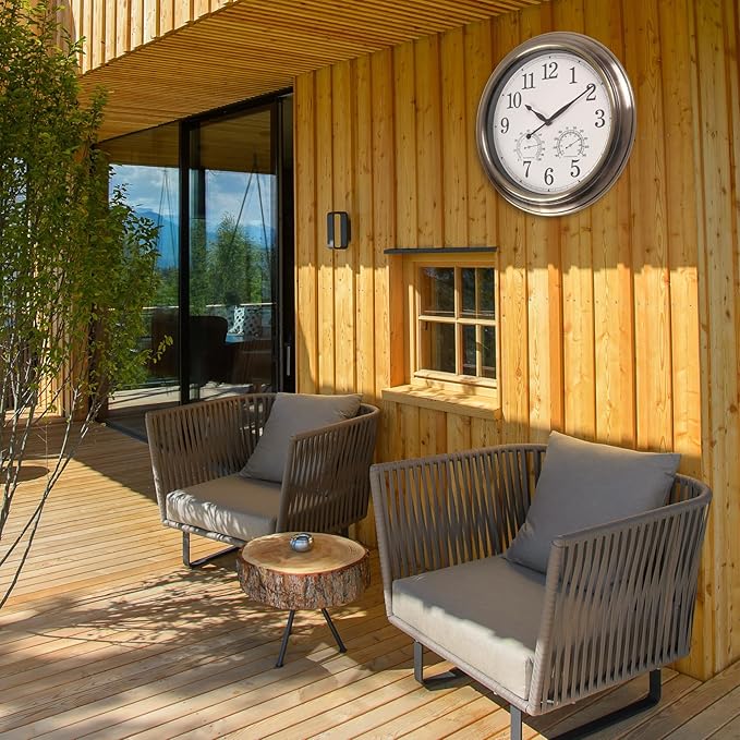 16 Inch Outdoor Clocks, Metal-Frame Outdoor Clocks Waterproof, Silent Outdoor Wall Clock for Patio Pool, Bronze