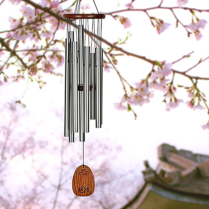 Woodstock Wind Chimes for Outside, Garden Decor, Outdoor Decor for Your Patio and Front Porch (28") Silver Wind Chime Woodstock Mindfulness Chime Medium (WMCM)