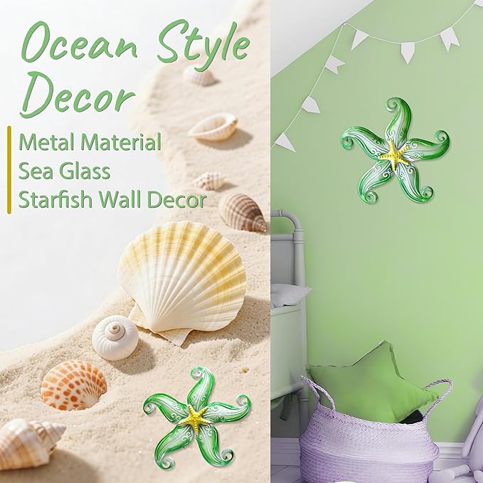 POXOHO Starfish Outdoor Metal Wall Decor, Metal Wall Art Outdoor for Garden Yard Fence, 12" Hanging Glass Sculpture, Starfish Coastal Wall Decor for Ocean Themed Gifts (Green)