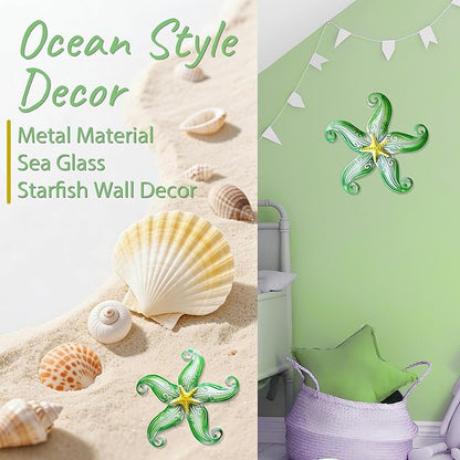 POXOHO Starfish Outdoor Metal Wall Decor, Metal Wall Art Outdoor for Garden Yard Fence, 12" Hanging Glass Sculpture, Starfish Coastal Wall Decor for Ocean Themed Gifts (Green)