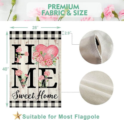 ORTIGIA Happy Mothers Day House Flag 28 x 40 Inch Double Sided Home Sweet Home Carnation Floral Flower Wedding Anniversary Yard Flag Summer Holiday Outdoor Outside Decoration (Large)