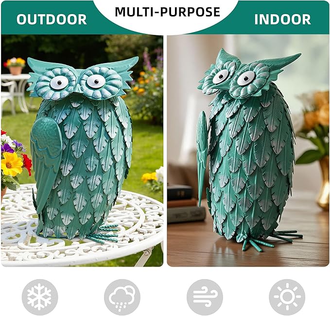 Metal Owl Statue 14"- Whimsical Rustic Garden Decor, Handmade Iron Bird Sculpture for Patio, Yard, Shelf, Desk, Boho Home Accent for Living Room, Bedroom, Office, Unique Gift for Bird Lovers