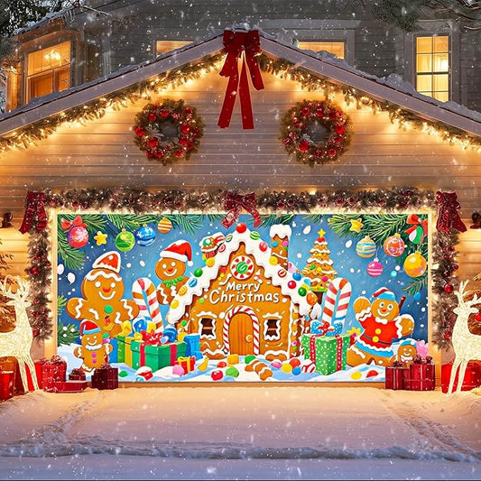 IVN Merry Christmas Garage Door Banner 13x6ft Festive Backdrop Gingerbread House Photo Prop Background for Joyful Holiday Yard Door Cover Background Outdoor Winter Scene