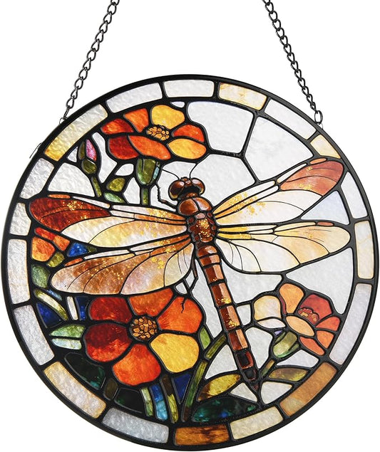 Stained Glass Window Hanging, Dragonfly Circular Painted Glass Suncatcher with Chain & Suction Cup for Home Garden Door Decor, Birthday for Women Men Mom 7.8 in