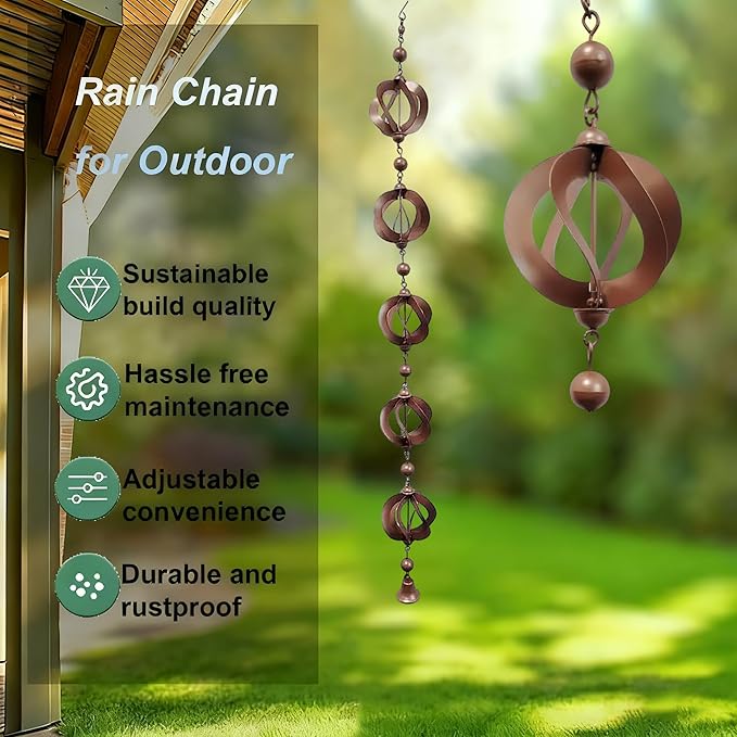 Rain Chain Home Decor, Outdoor 3.54 FT Rain Catcher Chain for Gutter Downspouts Divert for Roof Porch Lawn Gazebos Garden Drainage Eaves Decor (Pinecone) (Wind Chimes)