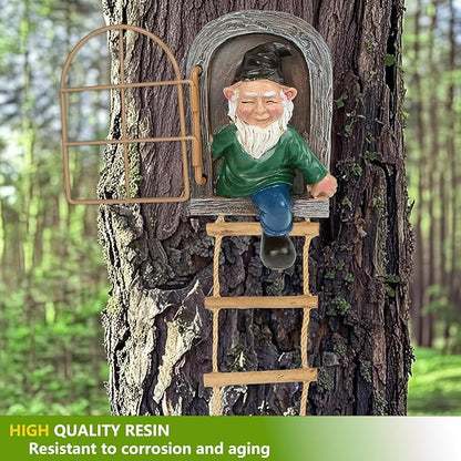 Garden Gnomes Decoration Outdoor Tree Faces Decor with Hanging Ladder for Yard, Elf Out The Door Tree Hugger Figurine Resin Garden Sculpture Ornament Whimsical Gnome Decor for Patio Yard Lawn