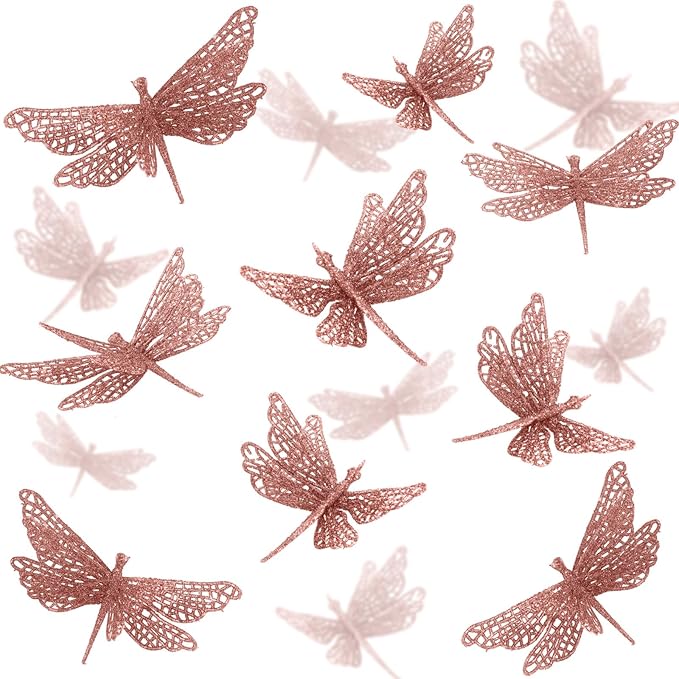 24 Pcs Glitter Dragonfly Decorations, Rose Gold 3D Dragonfly Wall Decor with Clips Stem for Spring Summer Garden Party Wedding, Glitter Dragonflies for Floral Arrangement DIY Craft